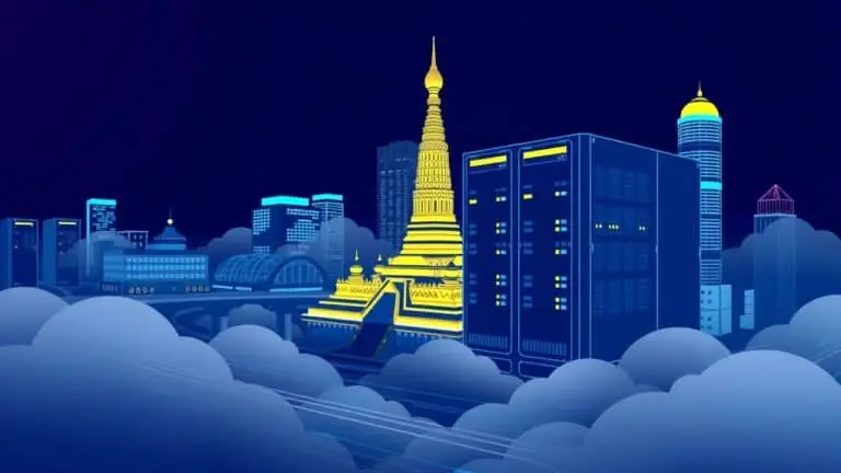 Graphic repesenting Low-Latency Bangkok VPS with temple and dedicated servers